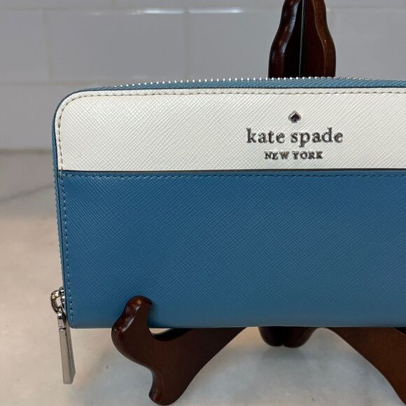 Kate Spade Wallet Leather Staci Blue White Colorblock Full Zip Continental - Picture 2 of 16
